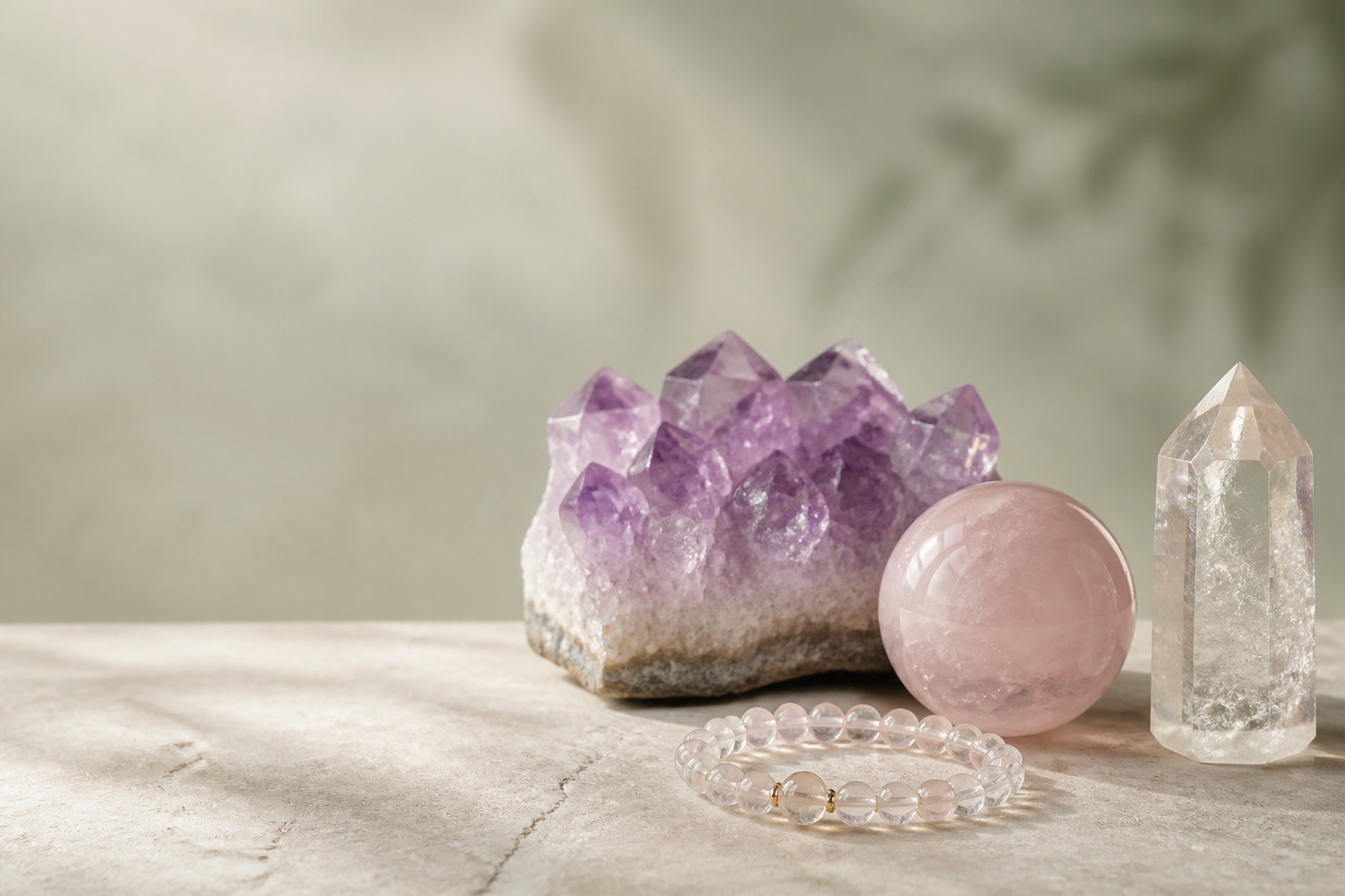Natural amethyst, rose quartz, clear quartz and crystal bracelet